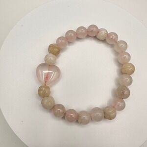 Vintage Y2K Pink Rose Quartz Beaded Stretch Bracelet Heart Charm Women's Jewelry